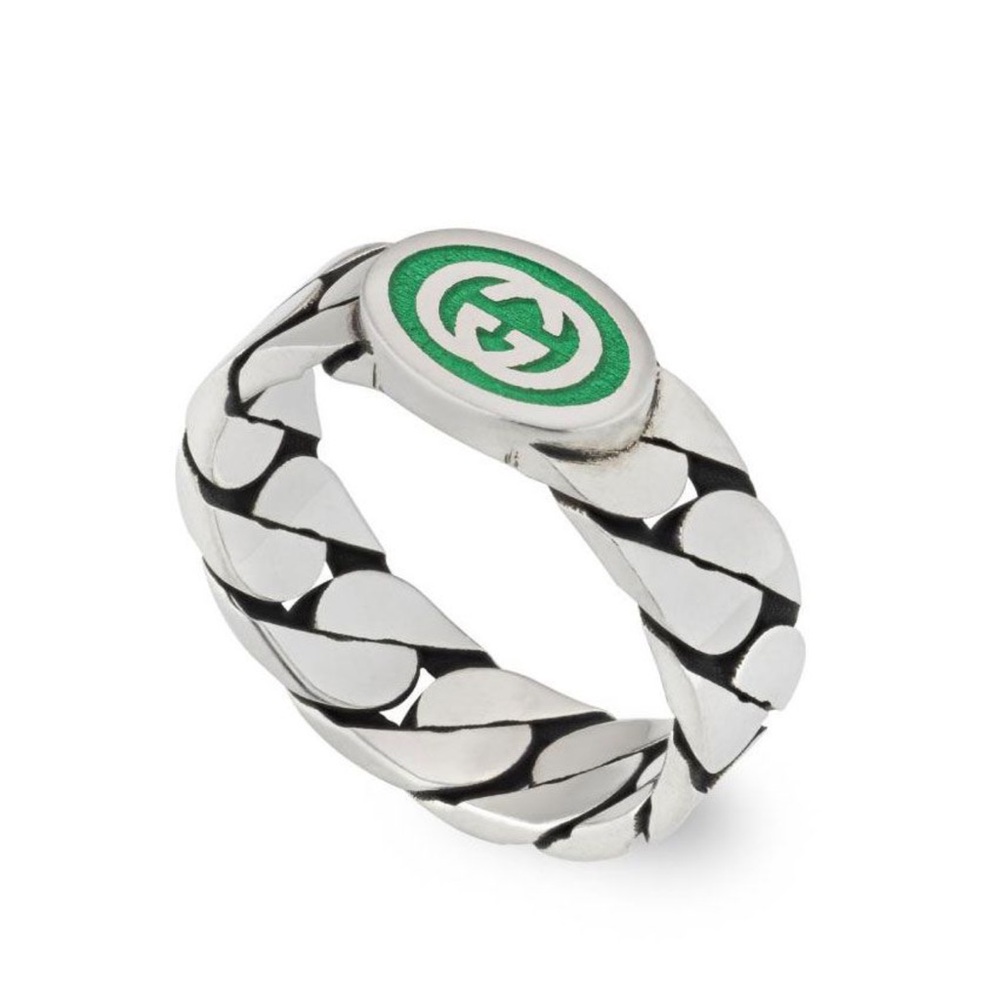 NWT Gucci Interlocking G Green Enamel Sterling Silver Ring Designer Size:20